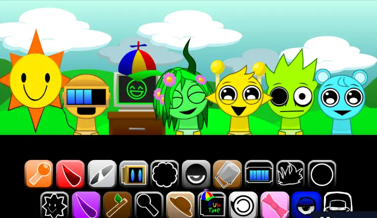 Adorable baby Sprunki characters playing with musical toys and making cute sounds
