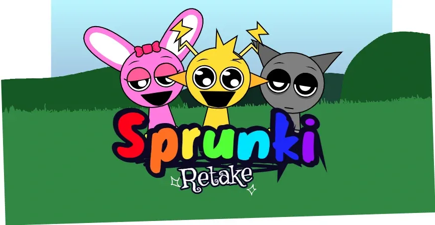 Sprunki Babies Retake logo featuring baby versions of Wenda, Gray, and Oren