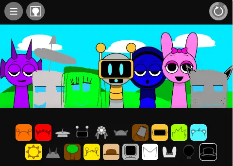 Colorful cube-shaped Sprunki characters bouncing to music with sound effects