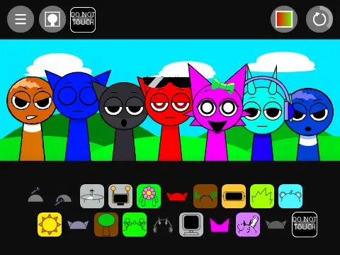 Sprunki But RGB game logo featuring colorful transformed characters across 7 updates