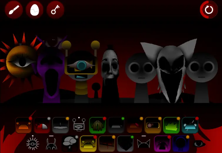 Happy Sprunki characters using musical notes to cure their glitchy friends