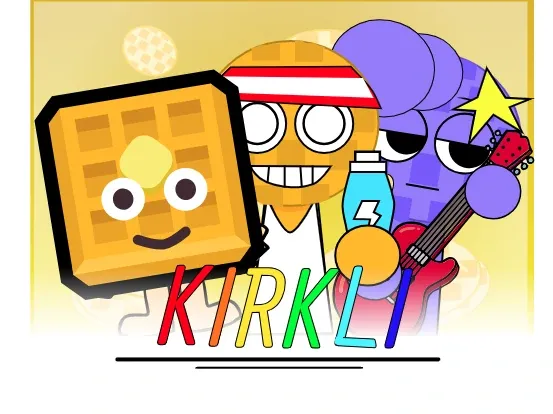 Sprunki Kirkli Waffles game logo with waffle-themed Sprunki characters, syrup and butter decorations