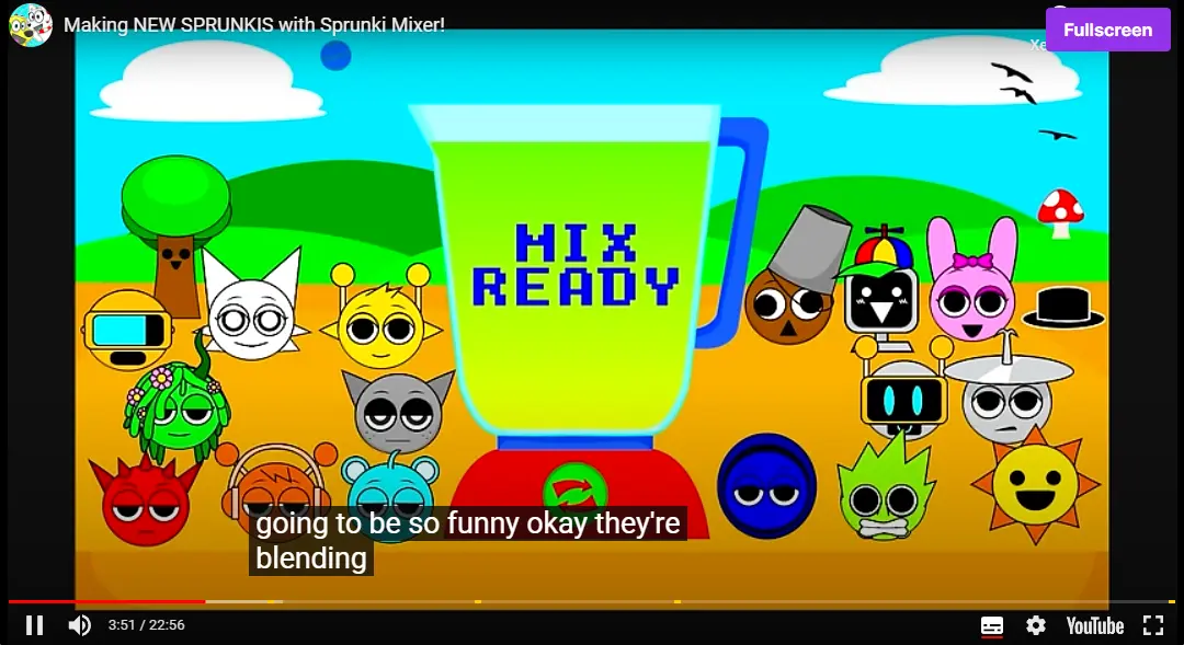 Sprunki characters swirling in a colorful mixer creating musical magic