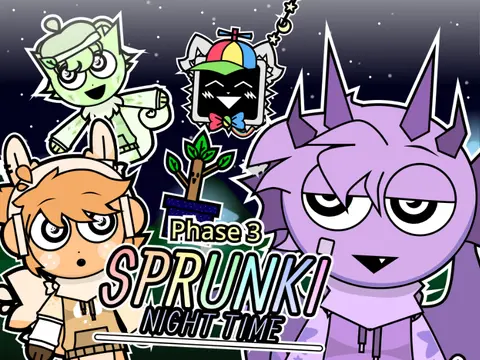Official logo for Sprunki Phase 3 Night Edition game featuring dark-themed Incredibox characters