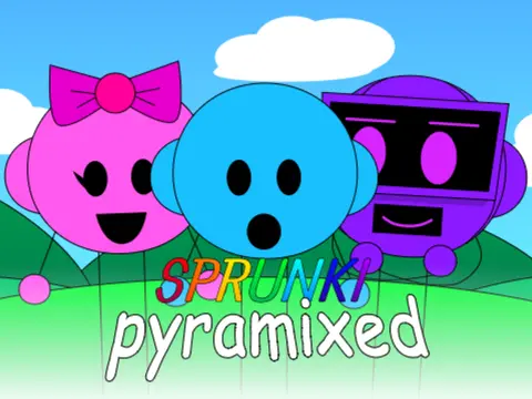 Sprunki Pyramixed Game logo featuring transformed character names and horror elements