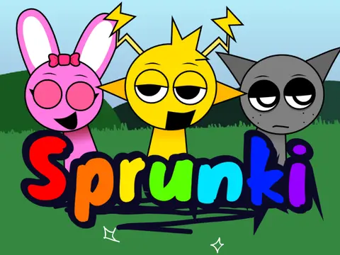 Sprunki Retake game logo featuring character sound mixing interface