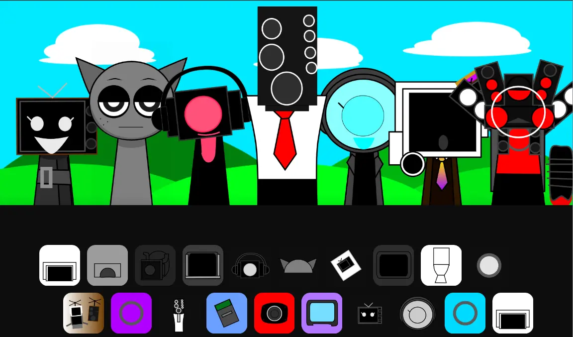 Crazy Sprunki characters with Skibidi Toilet theme making funny music