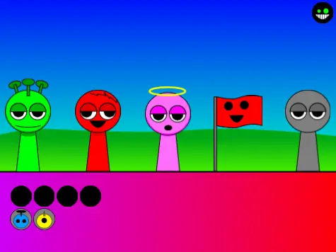 Sprunki version 7 game logo featuring Bolt, Quirky, Angel, Mr Flag, Bop, and Cy characters