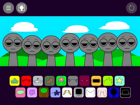 Sprunki with OCs WIP featuring community Original Characters like BRUD, SKY, MR. SUN, SIMON, and PINKI