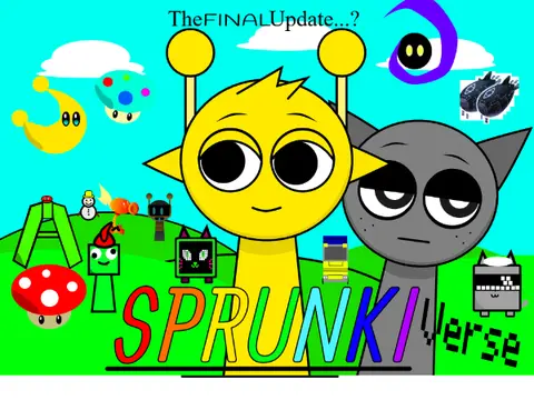 Sprunkiverse The Final Update logo featuring Greeny and the complete multiverse character collection