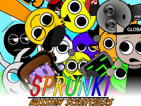 Logo for Zakryto Sprunki Incredibox Russian Scratchers featuring community character avatars